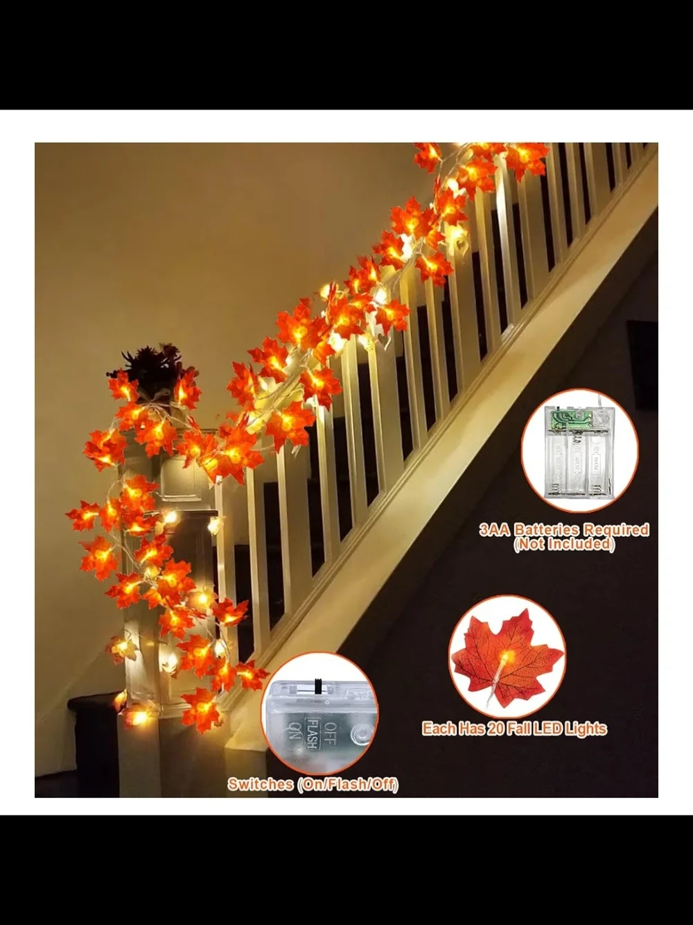 Autumn LED Maple Leaf Garland - Fall Decor. 4 Pack with 20 LED lights. NEW.